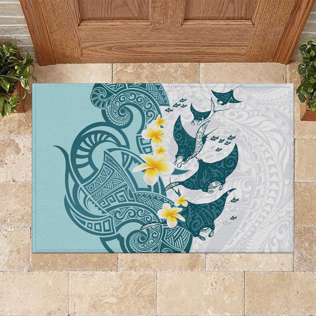 Maori Manta Ray Plumeria Teal Rubber Doormat