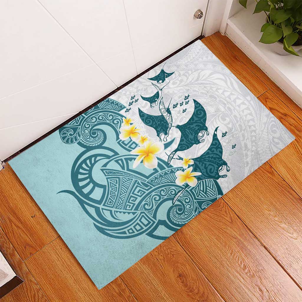 Maori Manta Ray Plumeria Teal Rubber Doormat