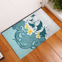 Maori Manta Ray Plumeria Teal Rubber Doormat