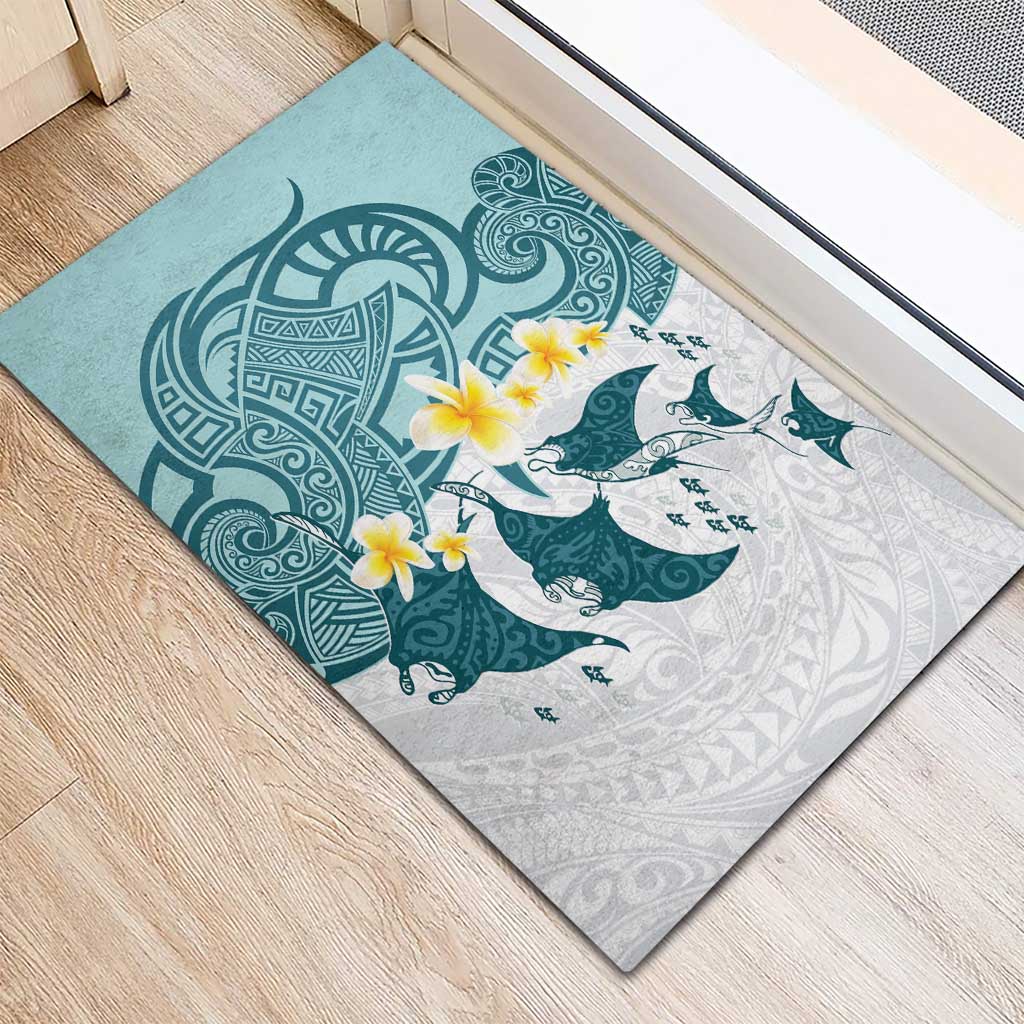 Maori Manta Ray Plumeria Teal Rubber Doormat