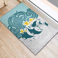 Maori Manta Ray Plumeria Teal Rubber Doormat