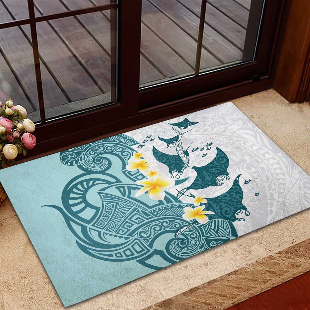 Maori Manta Ray Plumeria Teal Rubber Doormat