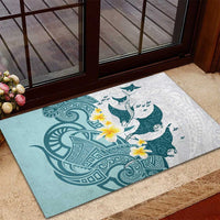 Maori Manta Ray Plumeria Teal Rubber Doormat