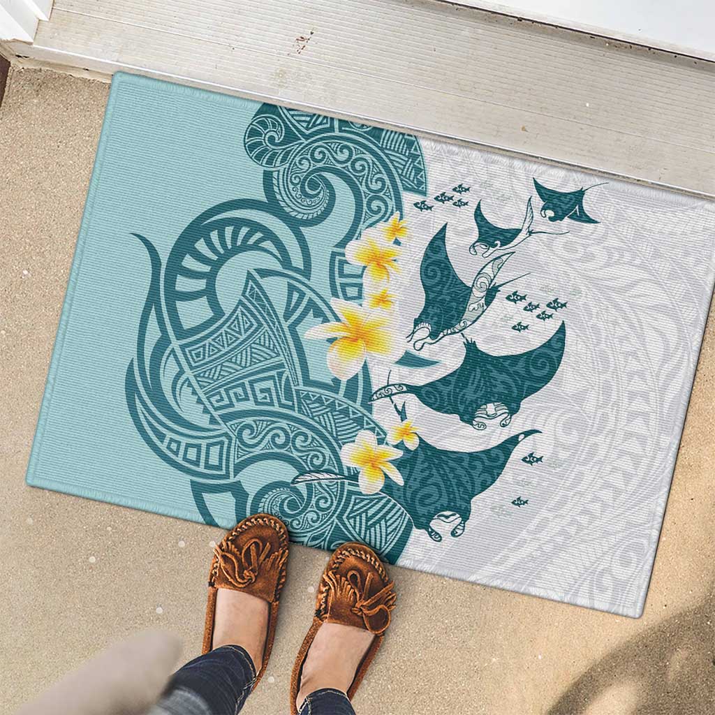 Maori Manta Ray Plumeria Teal Rubber Doormat