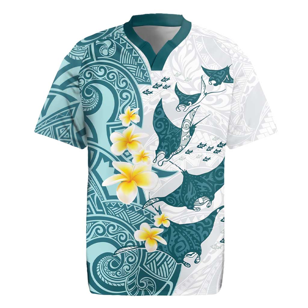 Maori Manta Ray Plumeria Teal Rugby Jersey