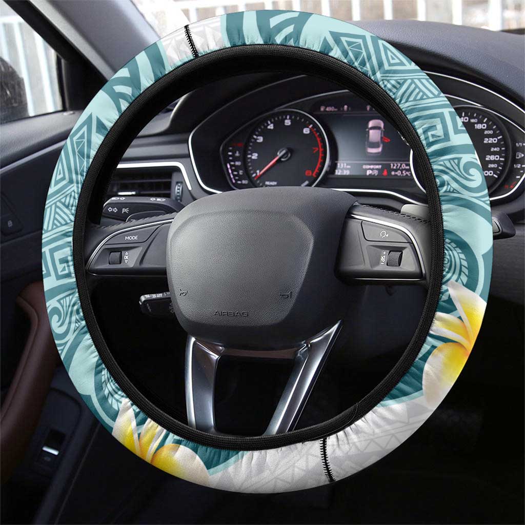 Maori Manta Ray Plumeria Teal Steering Wheel Cover