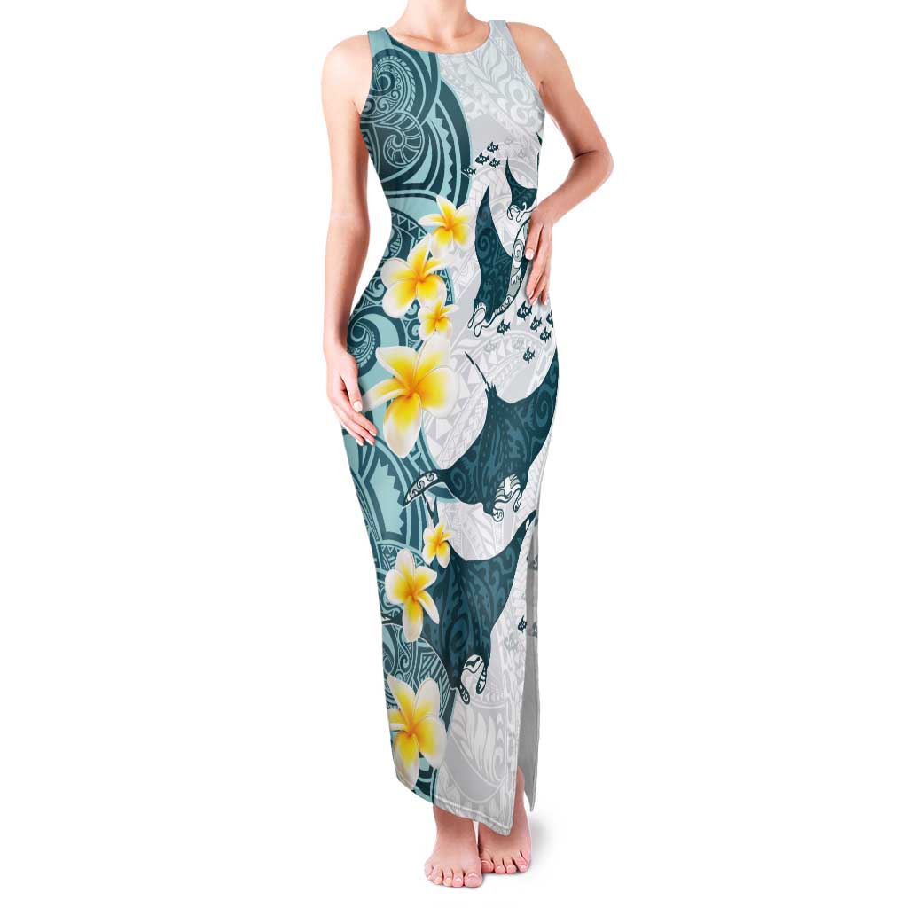 Maori Manta Ray Plumeria Teal Tank Maxi Dress