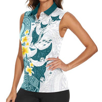 Maori Manta Ray Plumeria Teal Women Sleeveless Polo Shirt