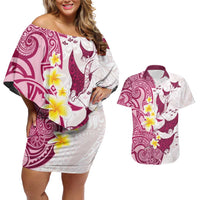 Maori Manta Ray Plumeria Royal Pink Couples Matching Off Shoulder Short Dress and Hawaiian Shirt