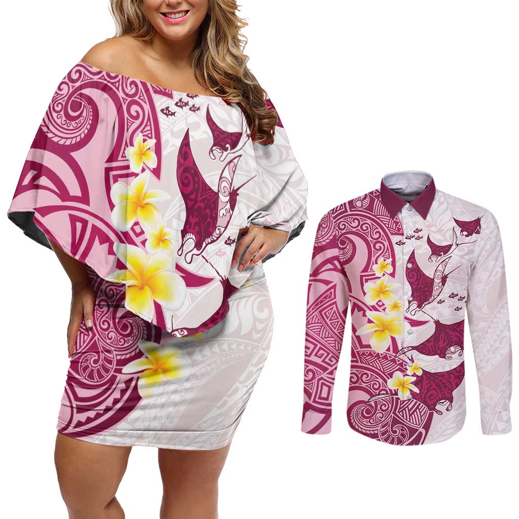 Maori Manta Ray Plumeria Royal Pink Couples Matching Off Shoulder Short Dress and Long Sleeve Button Shirt