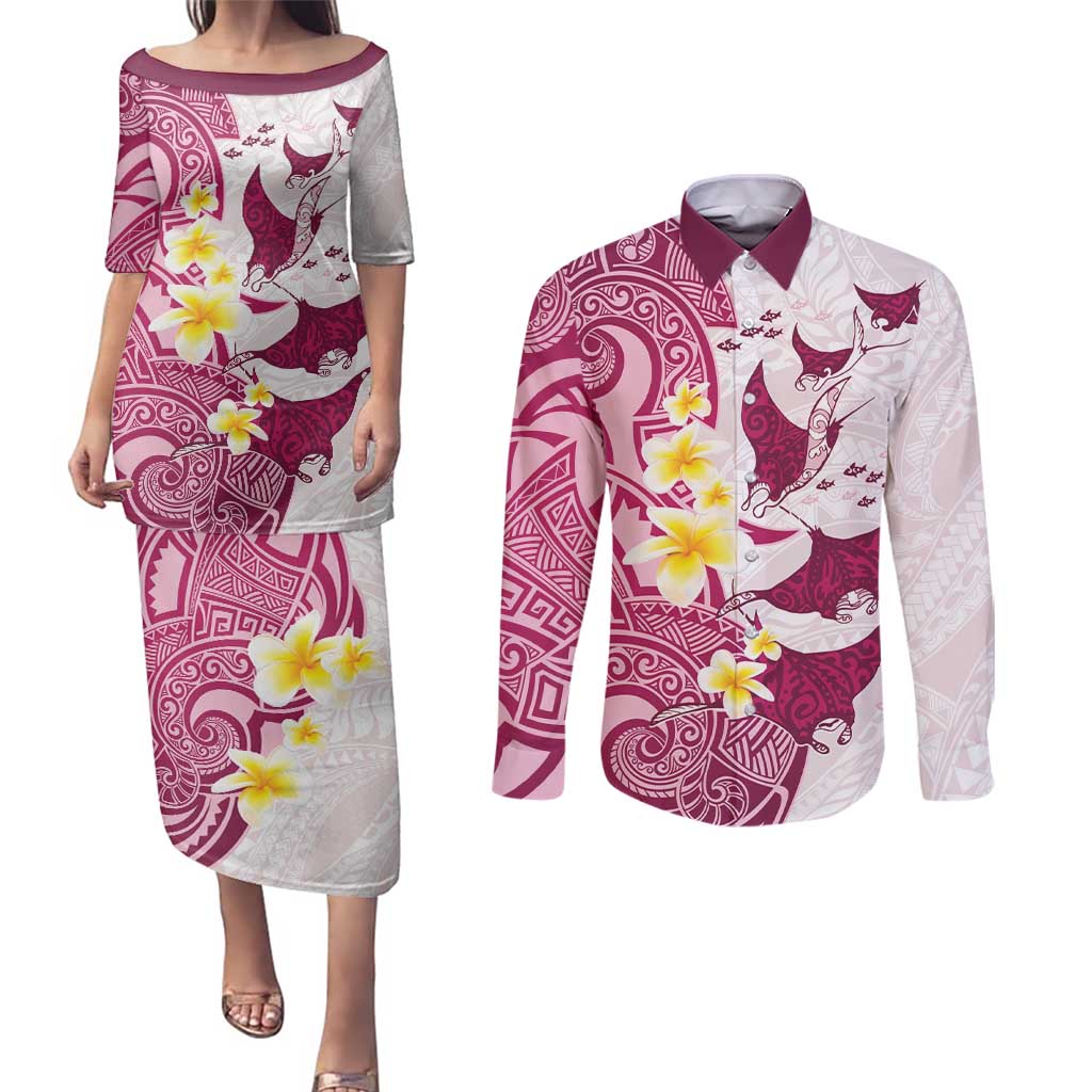 Maori Manta Ray Plumeria Royal Pink Couples Matching Puletasi and Long Sleeve Button Shirt
