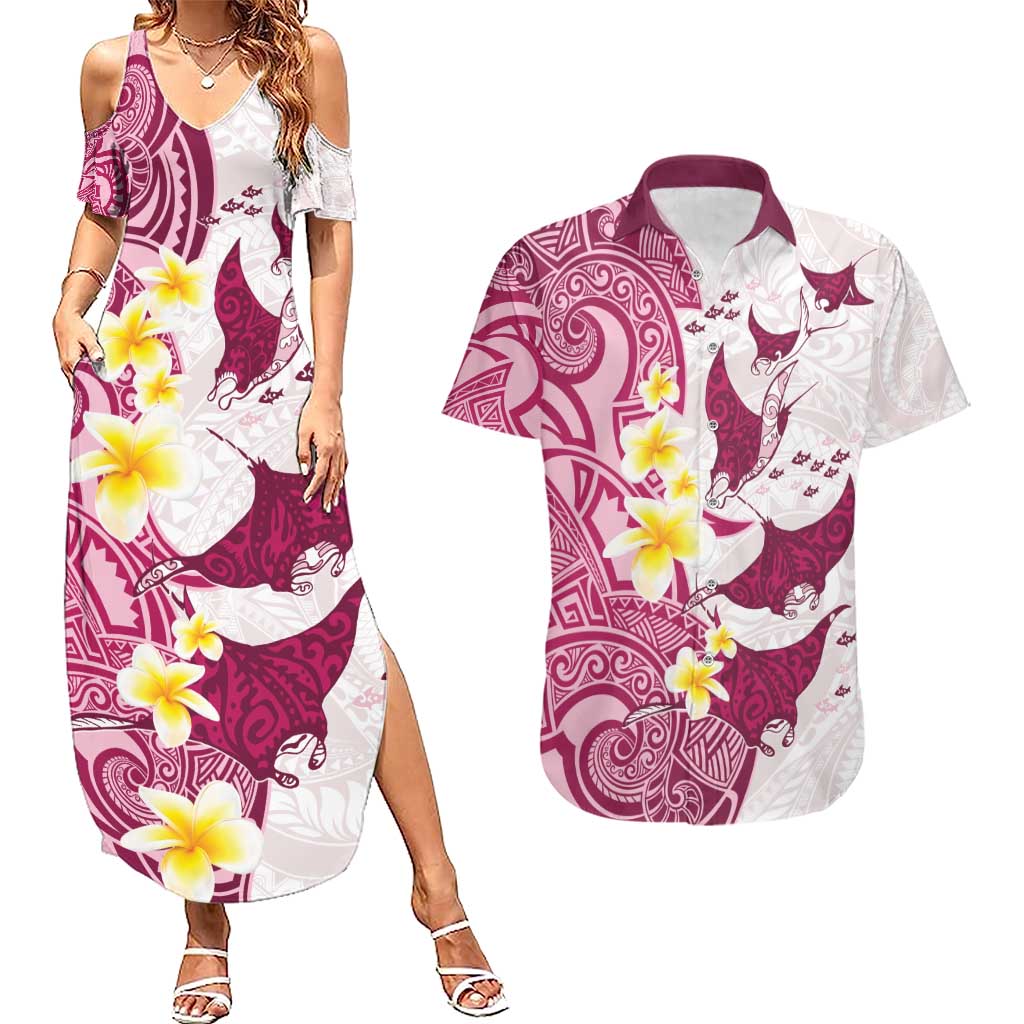 Maori Manta Ray Plumeria Royal Pink Couples Matching Summer Maxi Dress and Hawaiian Shirt