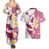 Maori Manta Ray Plumeria Royal Pink Couples Matching Summer Maxi Dress and Hawaiian Shirt