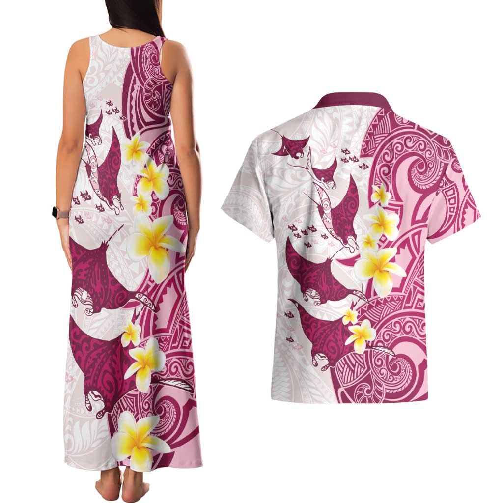 Maori Manta Ray Plumeria Royal Pink Couples Matching Tank Maxi Dress and Hawaiian Shirt