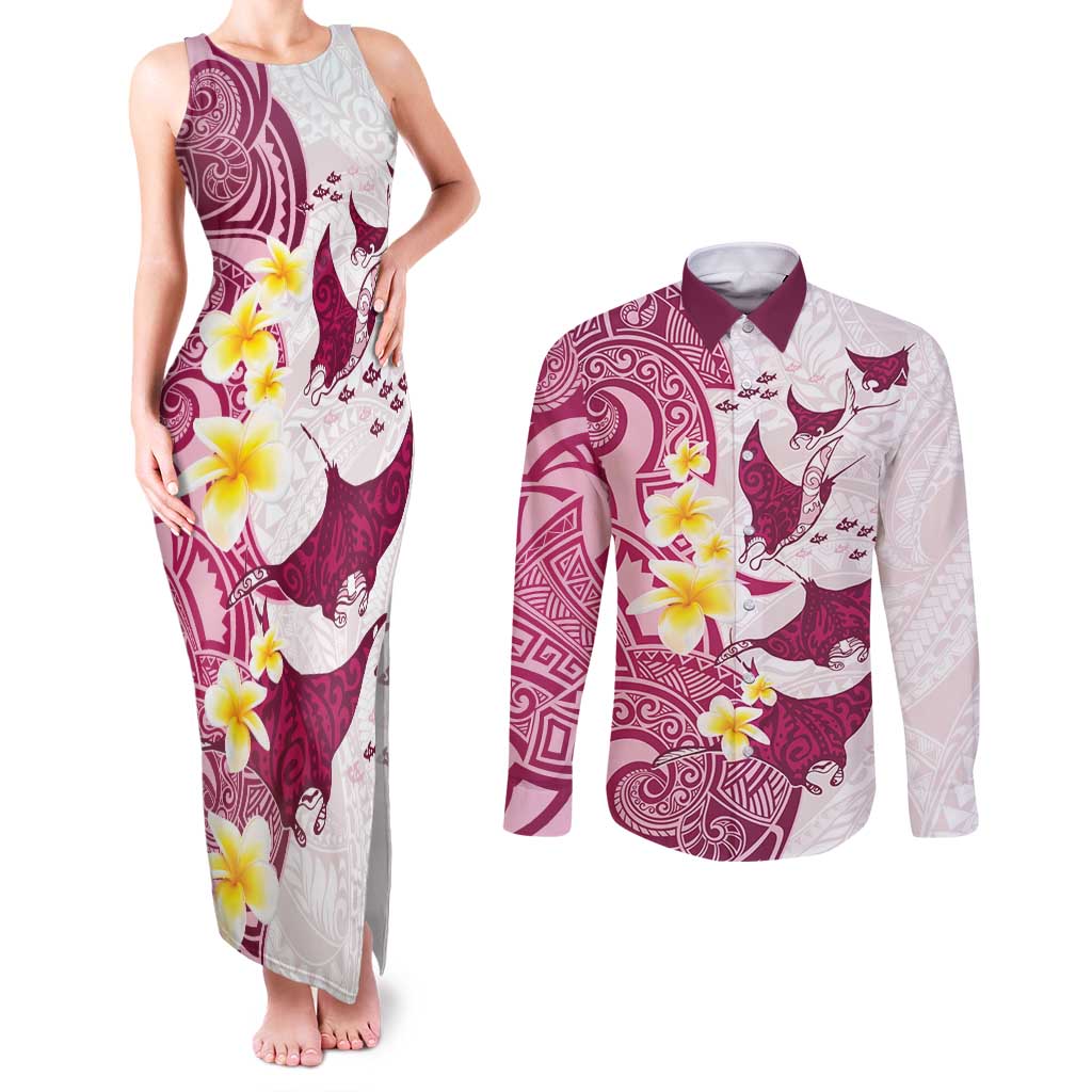Maori Manta Ray Plumeria Royal Pink Couples Matching Tank Maxi Dress and Long Sleeve Button Shirt