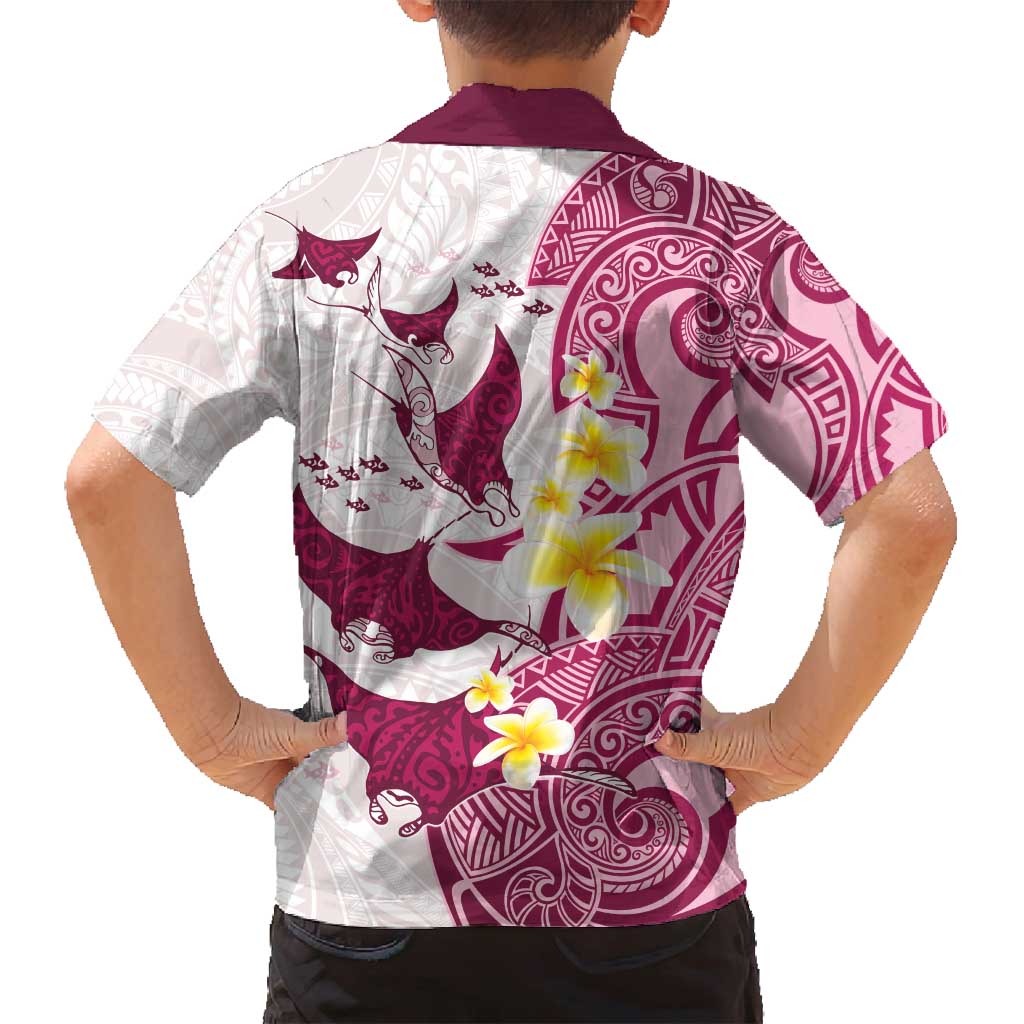 Maori Manta Ray Plumeria Royal Pink Family Matching Long Sleeve Bodycon Dress and Hawaiian Shirt LT01 - Polynesian Pride