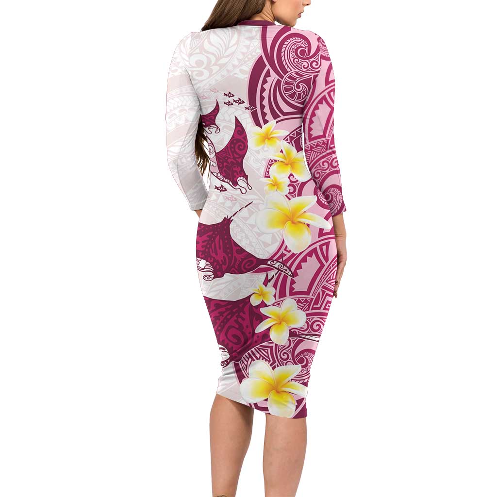 Maori Manta Ray Plumeria Royal Pink Family Matching Long Sleeve Bodycon Dress and Hawaiian Shirt LT01 - Polynesian Pride