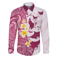 Maori Manta Ray Plumeria Royal Pink Family Matching Mermaid Dress and Hawaiian Shirt LT01 Dad's Shirt - Long Sleeve Pink - Polynesian Pride