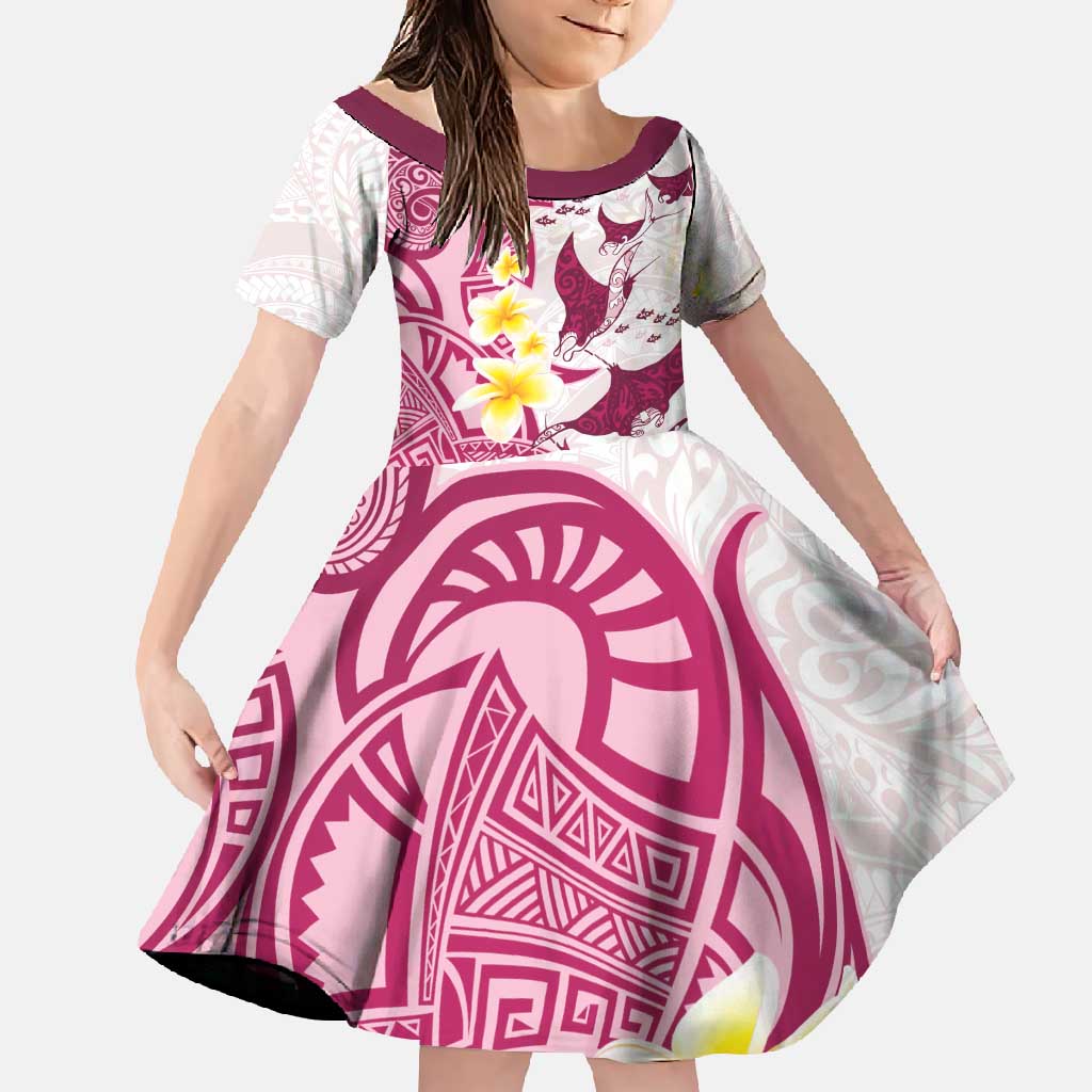 Maori Manta Ray Plumeria Royal Pink Family Matching Off Shoulder Maxi Dress and Hawaiian Shirt LT01 Daughter's Dress Pink - Polynesian Pride