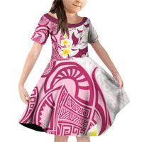 Maori Manta Ray Plumeria Royal Pink Family Matching Off Shoulder Short Dress and Hawaiian Shirt LT01 Daughter's Dress Pink - Polynesian Pride