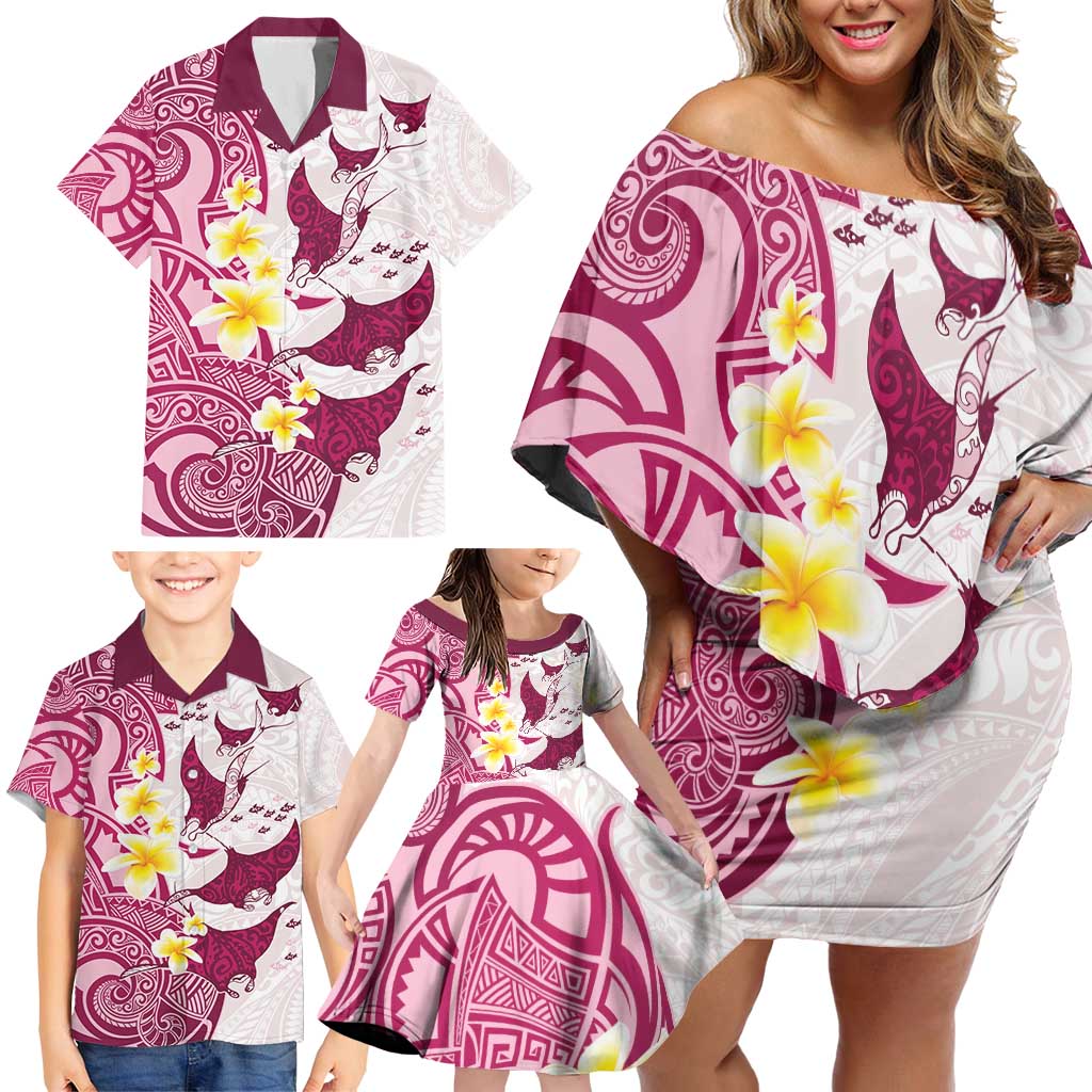 Maori Manta Ray Plumeria Royal Pink Family Matching Off Shoulder Short Dress and Hawaiian Shirt LT01 - Polynesian Pride