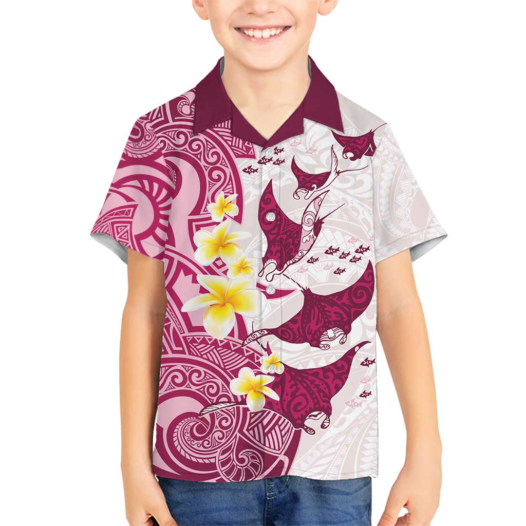 Maori Manta Ray Plumeria Royal Pink Family Matching Off Shoulder Short Dress and Hawaiian Shirt LT01 Son's Shirt Pink - Polynesian Pride