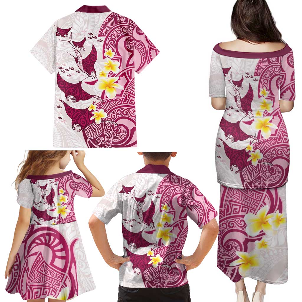 Maori Manta Ray Plumeria Royal Pink Family Matching Puletasi and Hawaiian Shirt LT01 - Polynesian Pride