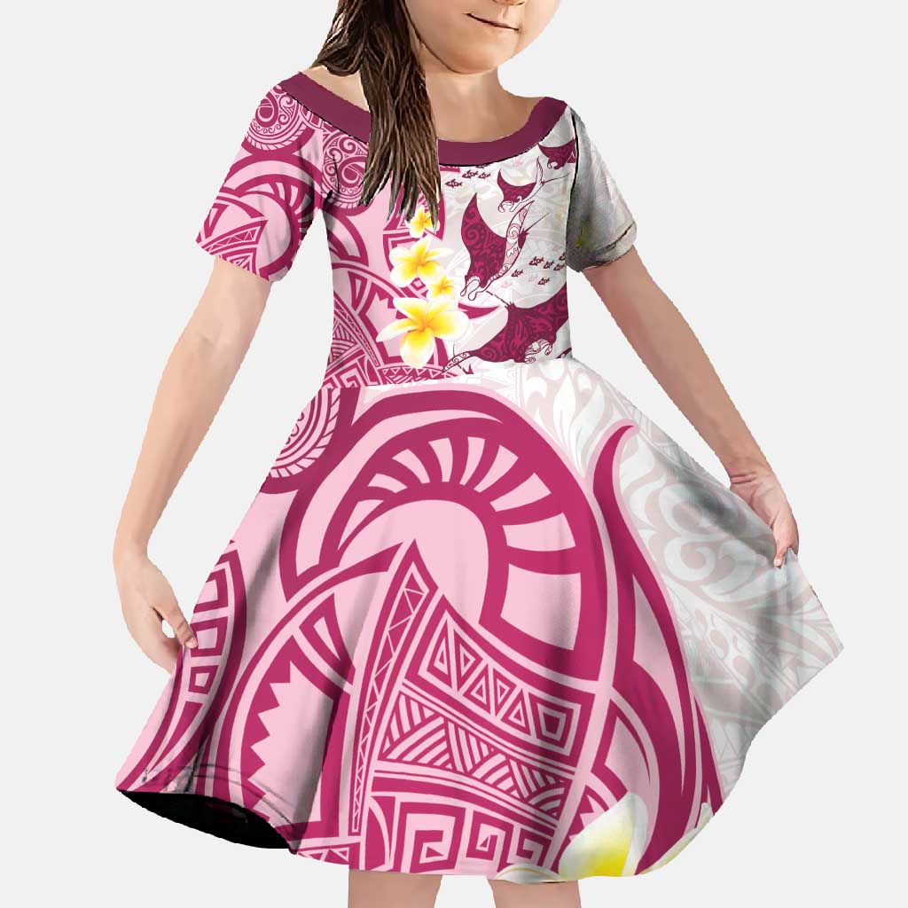 Maori Manta Ray Plumeria Royal Pink Family Matching Short Sleeve Bodycon Dress and Hawaiian Shirt LT01 Daughter's Dress Pink - Polynesian Pride
