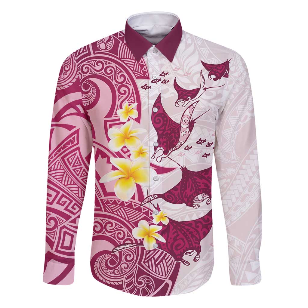 Maori Manta Ray Plumeria Royal Pink Family Matching Tank Maxi Dress and Hawaiian Shirt LT01 Dad's Shirt - Long Sleeve Pink - Polynesian Pride