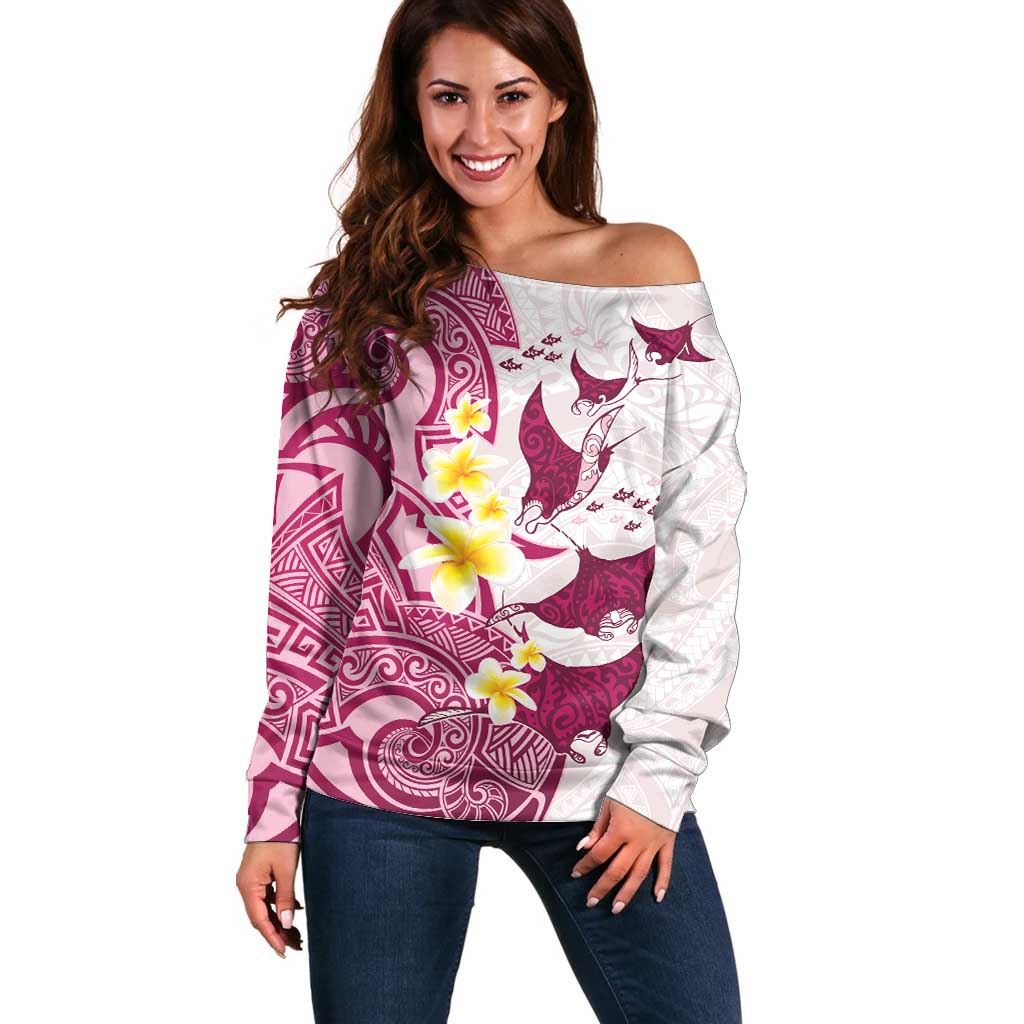 Maori Manta Ray Plumeria Royal Pink Off Shoulder Sweater