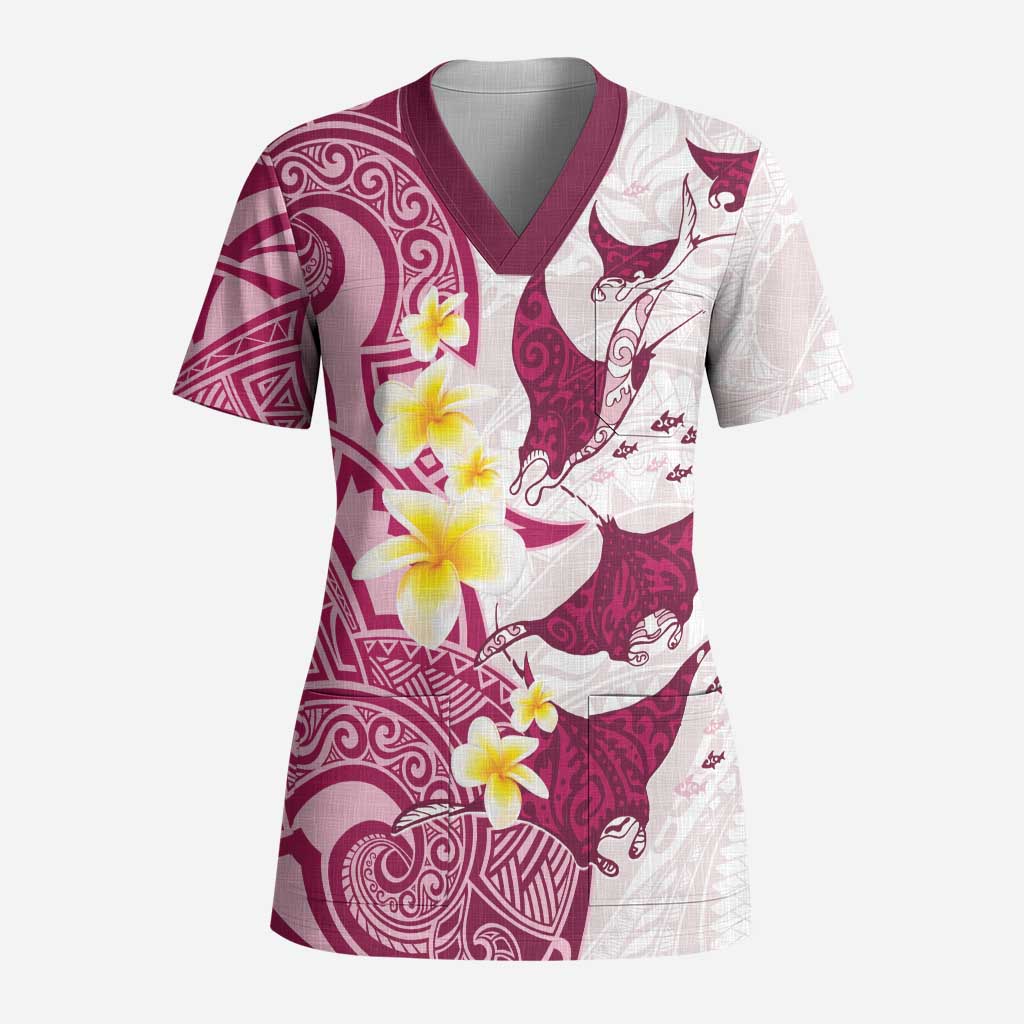 Maori Manta Ray Plumeria Royal Pink Scrub Top - Polynesian Pride