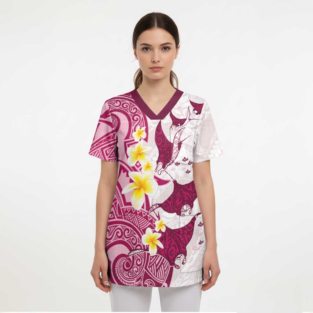 Maori Manta Ray Plumeria Royal Pink Scrub Top - Polynesian Pride