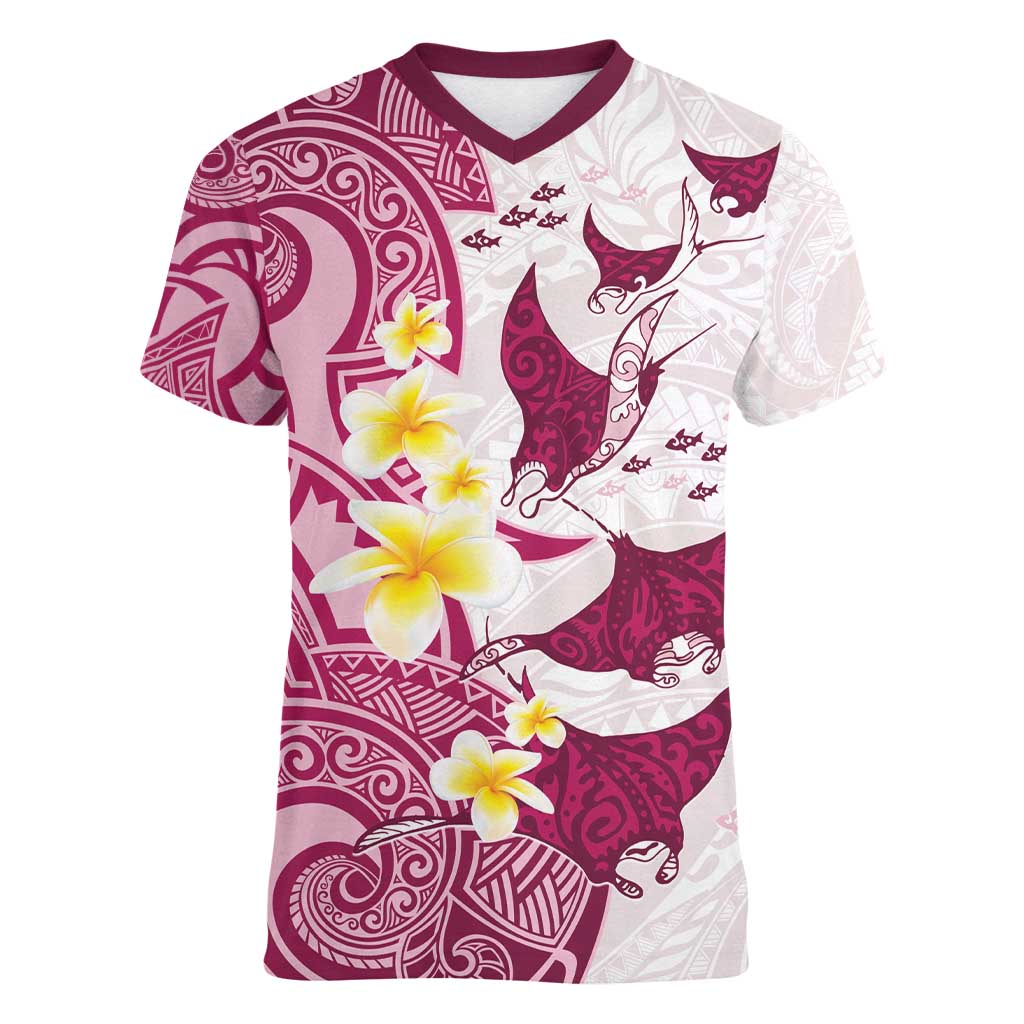 Maori Manta Ray Plumeria Royal Pink Women V-Neck T-Shirt LT01 Female Pink - Polynesian Pride