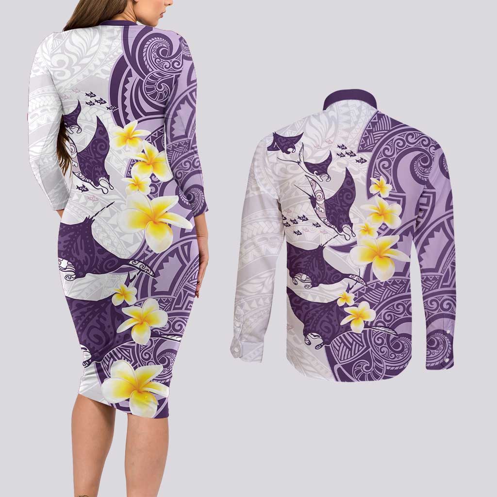 Maori Manta Ray Plumeria Deep Purple Couples Matching Long Sleeve Bodycon Dress and Long Sleeve Button Shirt
