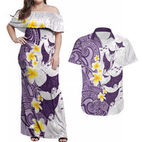 Maori Manta Ray Plumeria Deep Purple Couples Matching Off Shoulder Maxi Dress and Hawaiian Shirt LT01 Purple - Polynesian Pride