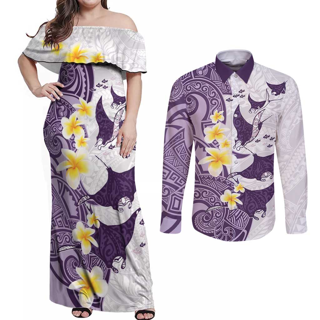 Maori Manta Ray Plumeria Deep Purple Couples Matching Off Shoulder Maxi Dress and Long Sleeve Button Shirt