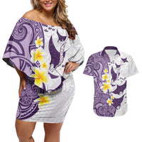 Maori Manta Ray Plumeria Deep Purple Couples Matching Off Shoulder Short Dress and Hawaiian Shirt