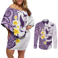 Maori Manta Ray Plumeria Deep Purple Couples Matching Off Shoulder Short Dress and Long Sleeve Button Shirt