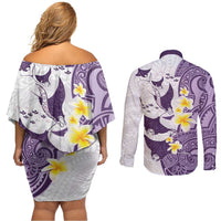 Maori Manta Ray Plumeria Deep Purple Couples Matching Off Shoulder Short Dress and Long Sleeve Button Shirt