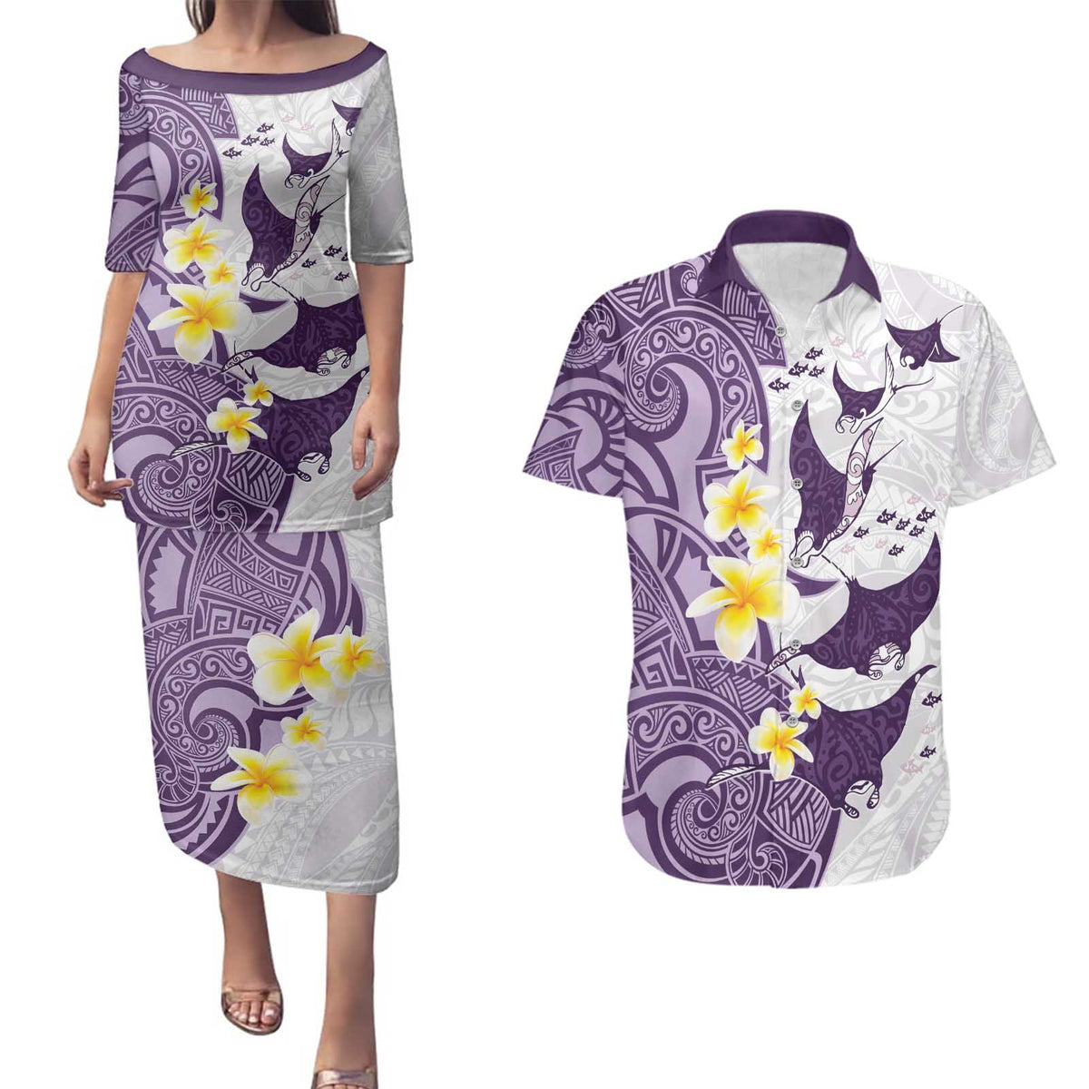 Maori Manta Ray Plumeria Deep Purple Couples Matching Puletasi and Hawaiian Shirt
