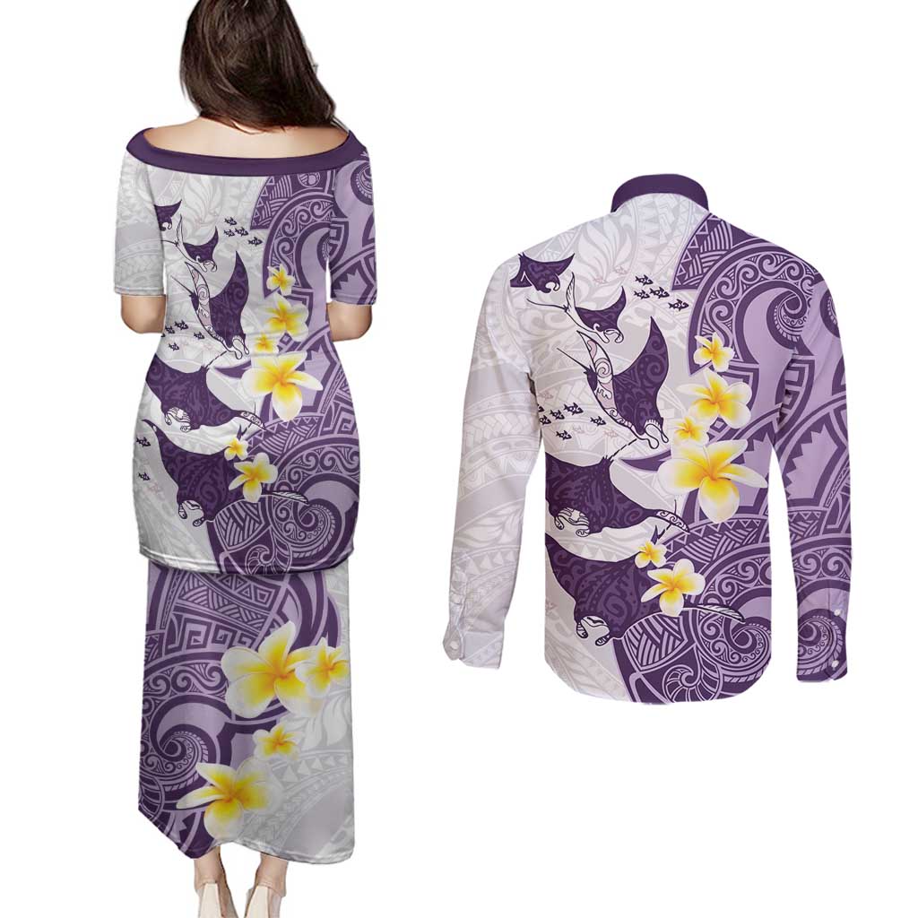 Maori Manta Ray Plumeria Deep Purple Couples Matching Puletasi and Long Sleeve Button Shirt
