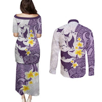 Maori Manta Ray Plumeria Deep Purple Couples Matching Puletasi and Long Sleeve Button Shirt
