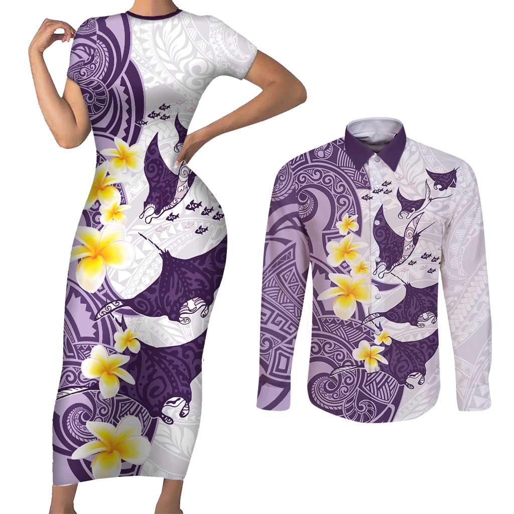 Maori Manta Ray Plumeria Deep Purple Couples Matching Short Sleeve Bodycon Dress and Long Sleeve Button Shirt