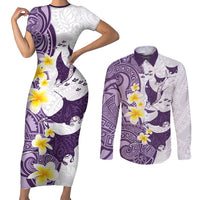 Maori Manta Ray Plumeria Deep Purple Couples Matching Short Sleeve Bodycon Dress and Long Sleeve Button Shirt