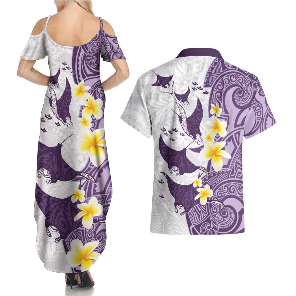 Maori Manta Ray Plumeria Deep Purple Couples Matching Summer Maxi Dress and Hawaiian Shirt