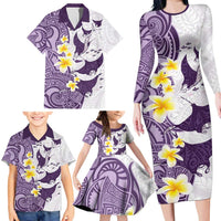 Maori Manta Ray Plumeria Deep Purple Family Matching Long Sleeve Bodycon Dress and Hawaiian Shirt LT01 - Polynesian Pride