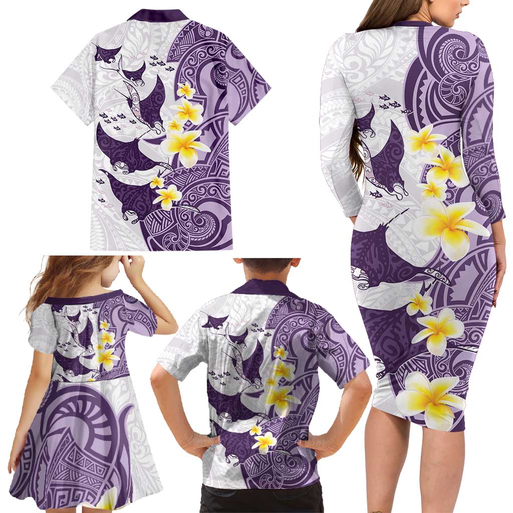 Maori Manta Ray Plumeria Deep Purple Family Matching Long Sleeve Bodycon Dress and Hawaiian Shirt LT01 - Polynesian Pride