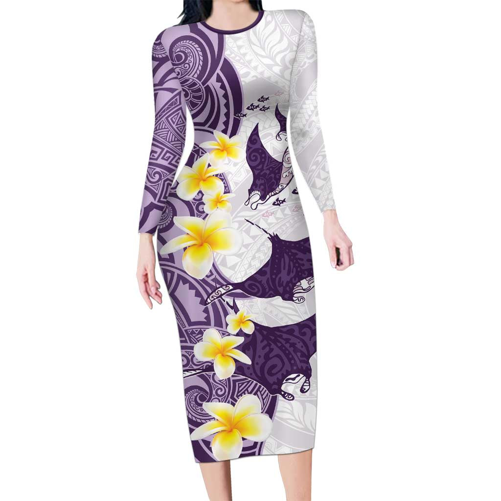 Maori Manta Ray Plumeria Deep Purple Family Matching Long Sleeve Bodycon Dress and Hawaiian Shirt LT01 Mom's Dress Purple - Polynesian Pride