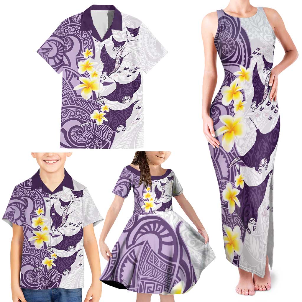 Maori Manta Ray Plumeria Deep Purple Family Matching Tank Maxi Dress and Hawaiian Shirt