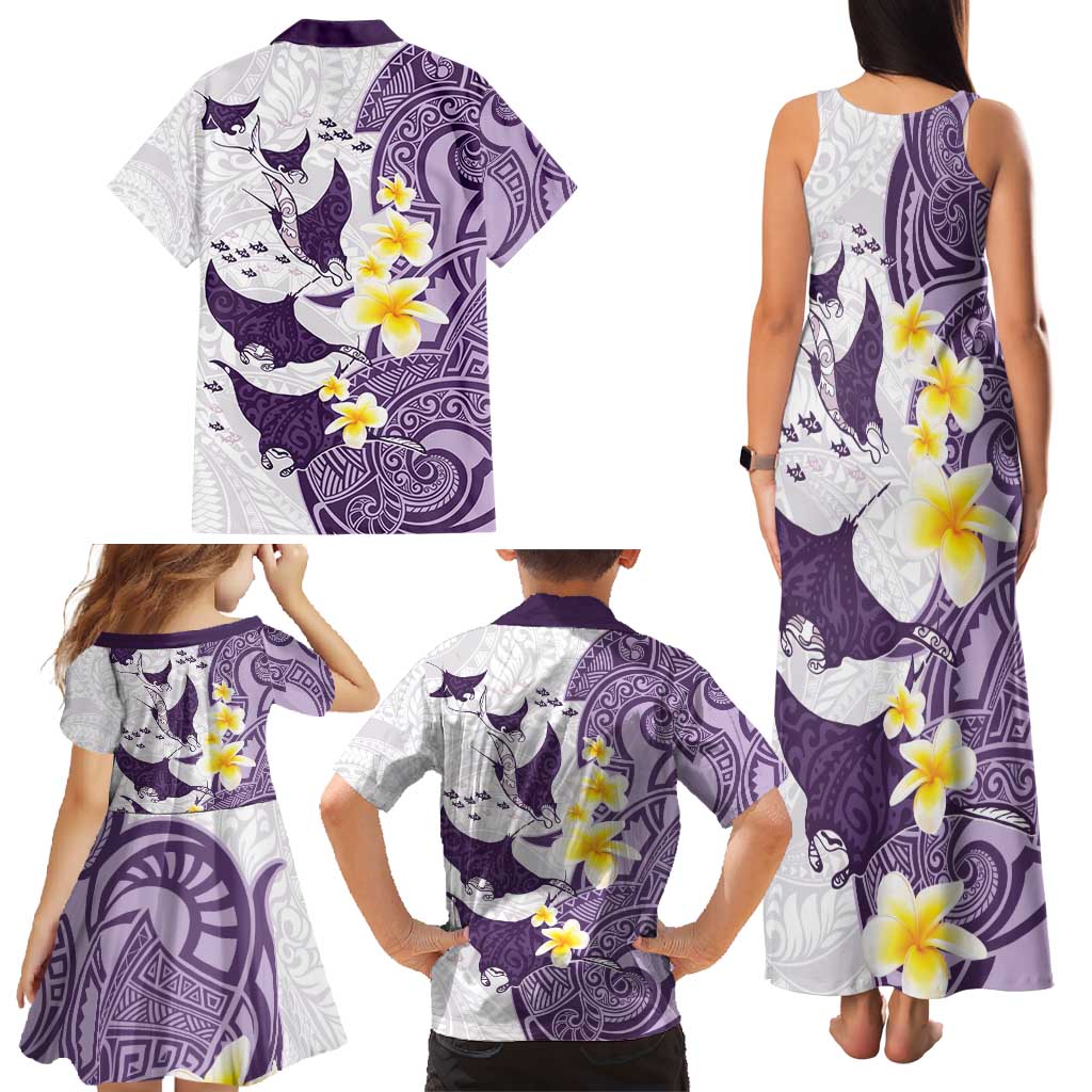 Maori Manta Ray Plumeria Deep Purple Family Matching Tank Maxi Dress and Hawaiian Shirt LT01 - Polynesian Pride